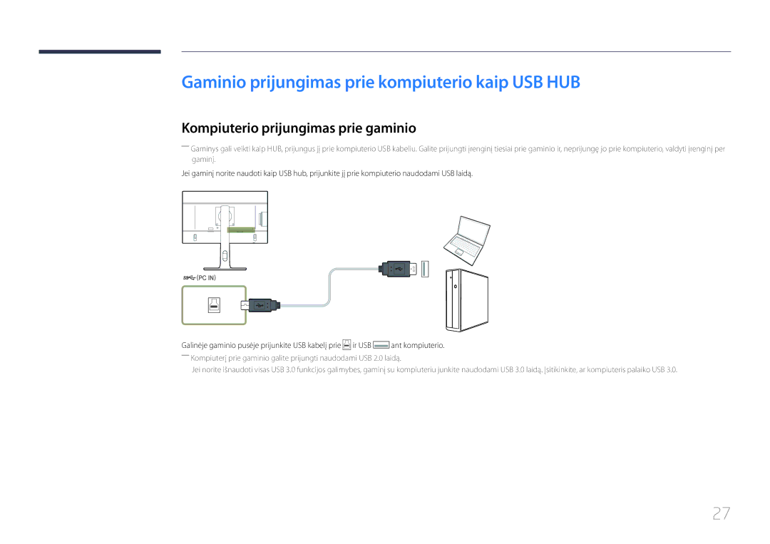 Samsung LS22E65UDS/EN manual Gaminio prijungimas prie kompiuterio kaip USB HUB, Kompiuterio prijungimas prie gaminio 