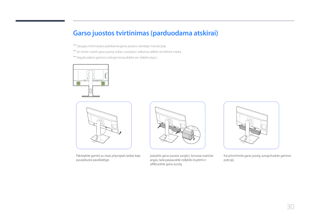 Samsung LS24E65UPL/EN, LS24E65KCS/EN, LS27E65KCS/EN, LS22E65UDS/EN manual Garso juostos tvirtinimas parduodama atskirai 