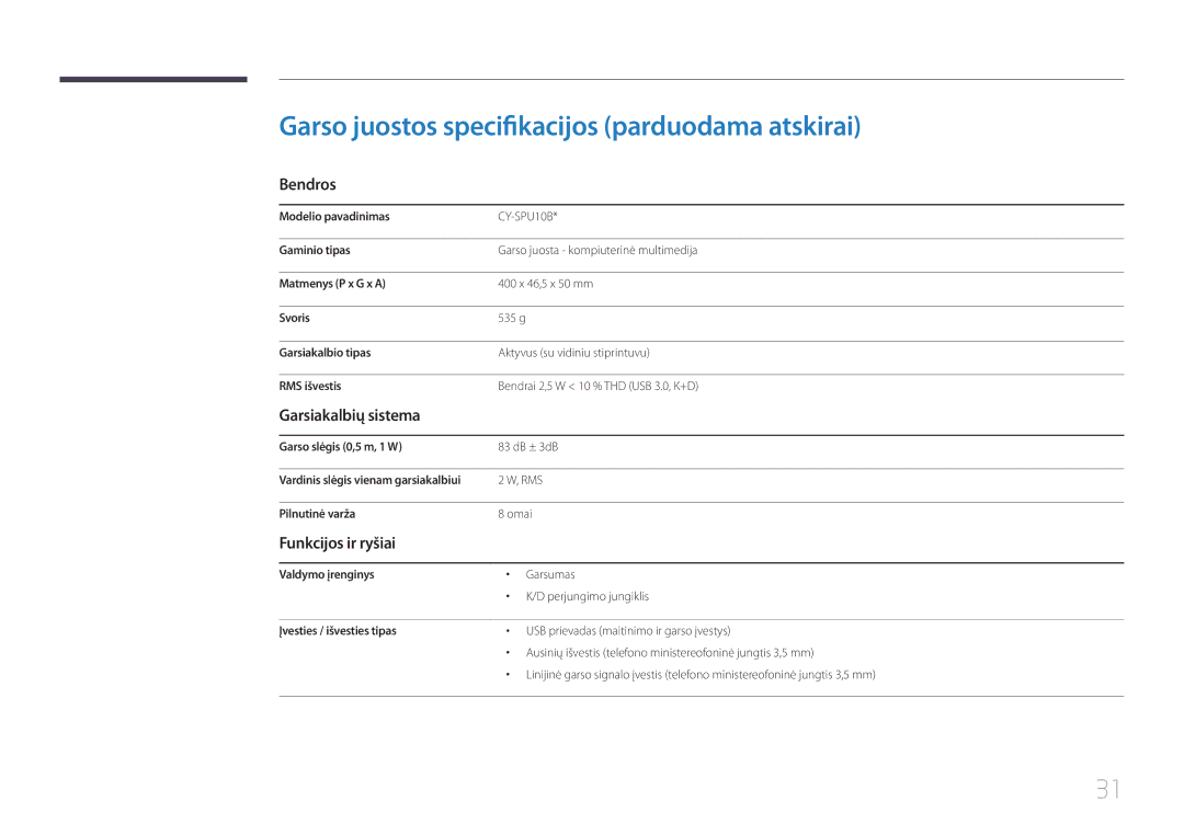 Samsung LS22E65UDS/EN Garso juostos specifikacijos parduodama atskirai, Bendros, Garsiakalbių sistema, Funkcijos ir ryšiai 