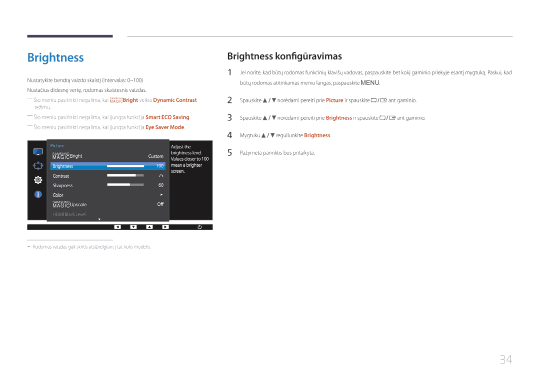 Samsung LS24E65UPL/EN, LS24E65KCS/EN, LS27E65KCS/EN manual Brightness konfigūravimas, Mygtuku Reguliuokite Brightness 