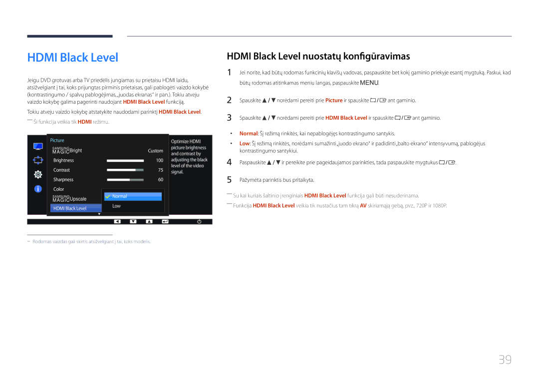 Samsung LS22E65UDS/EN, LS24E65KCS/EN, LS27E65KCS/EN, LS24E65UPL/EN manual Hdmi Black Level nuostatų konfigūravimas 