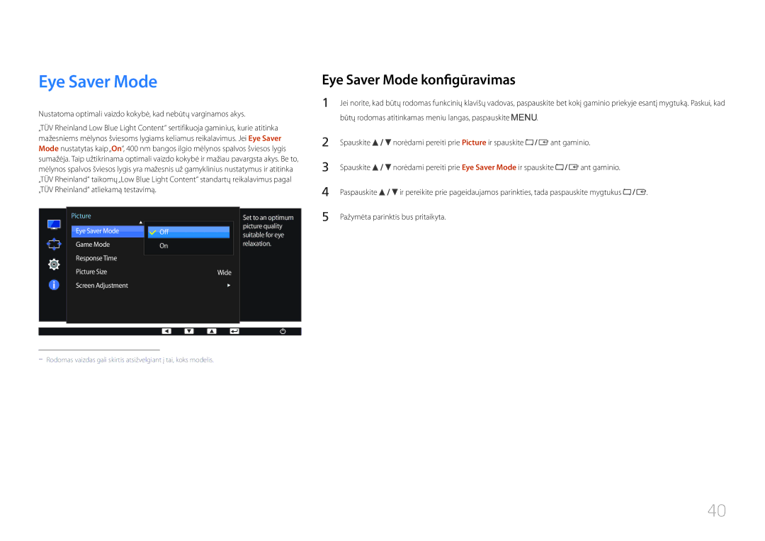 Samsung LS24E65KCS/EN, LS27E65KCS/EN, LS24E65UPL/EN, LS22E65UDS/EN manual Eye Saver Mode konfigūravimas 