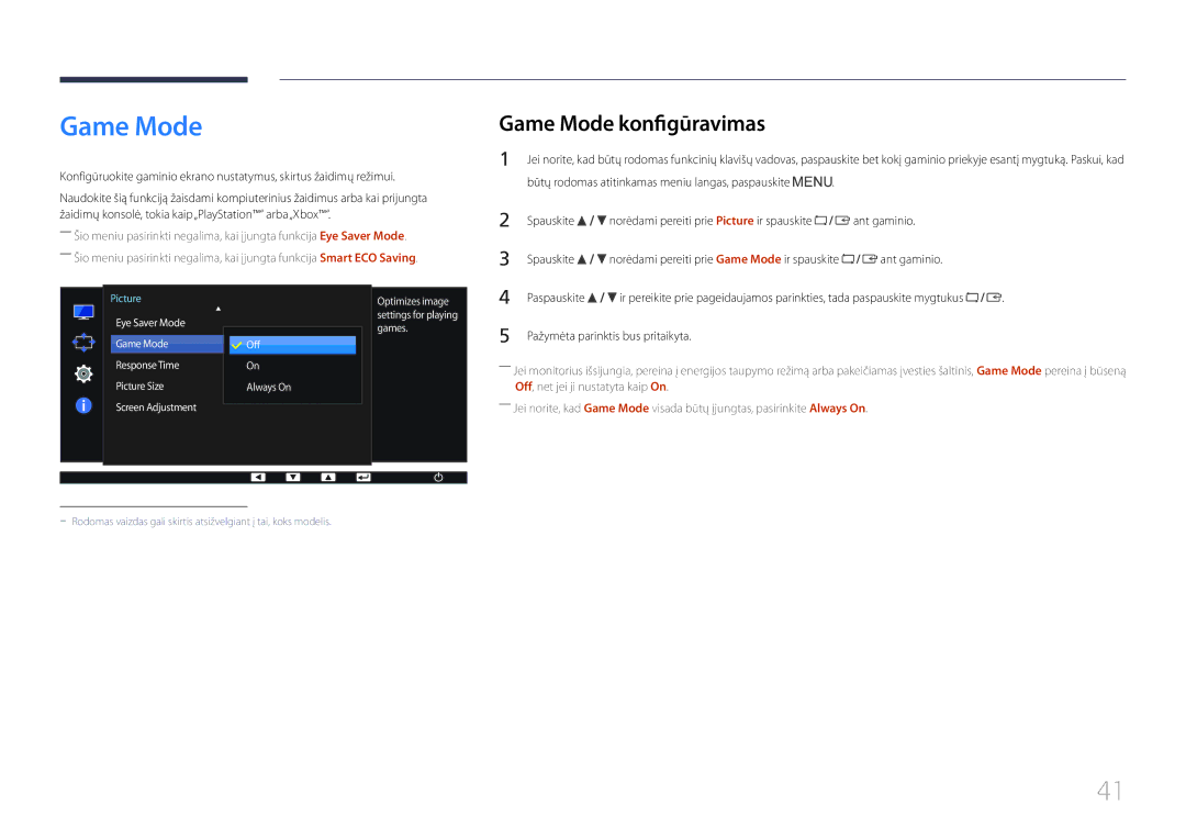 Samsung LS27E65KCS/EN, LS24E65KCS/EN, LS24E65UPL/EN, LS22E65UDS/EN manual Game Mode konfigūravimas 