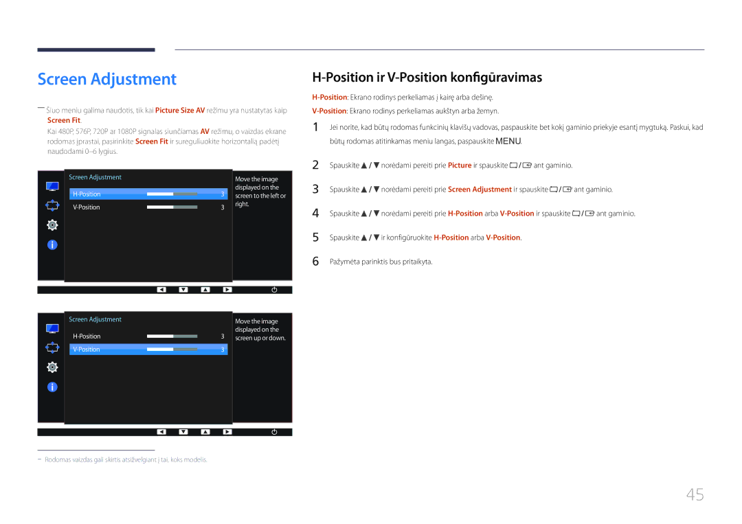 Samsung LS27E65KCS/EN, LS24E65KCS/EN manual Screen Adjustment, Position ir V-Position konfigūravimas, Ant gaminio Spauskite 