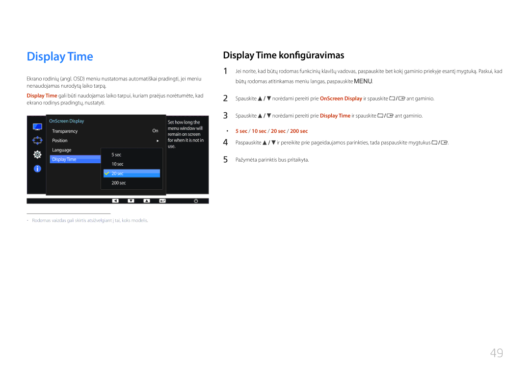 Samsung LS27E65KCS/EN, LS24E65KCS/EN, LS24E65UPL/EN manual Display Time konfigūravimas, Sec / 10 sec / 20 sec / 200 sec 