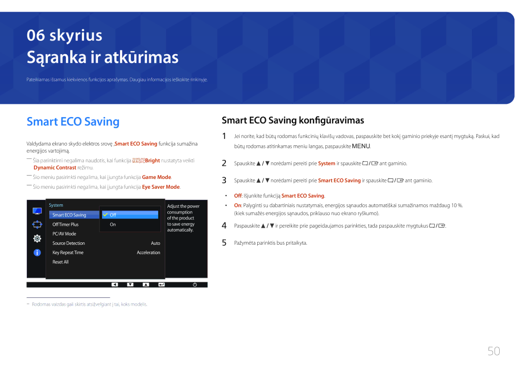 Samsung LS24E65UPL/EN Sąranka ir atkūrimas, Smart ECO Saving konfigūravimas, Off Išjunkite funkciją Smart ECO Saving 