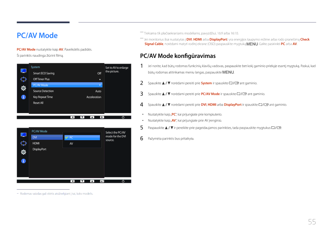Samsung LS22E65UDS/EN, LS24E65KCS/EN, LS27E65KCS/EN, LS24E65UPL/EN manual PC/AV Mode konfigūravimas 
