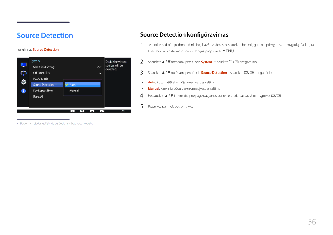 Samsung LS24E65KCS/EN, LS27E65KCS/EN, LS24E65UPL/EN manual Source Detection konfigūravimas, Įjungiamas Source Detection 