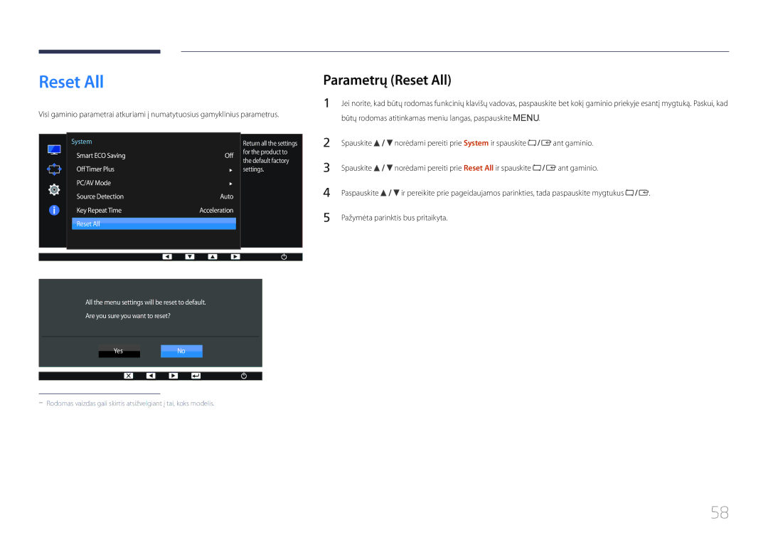 Samsung LS24E65UPL/EN, LS24E65KCS/EN, LS27E65KCS/EN, LS22E65UDS/EN manual Parametrų Reset All, Ant gaminio Paspauskite 