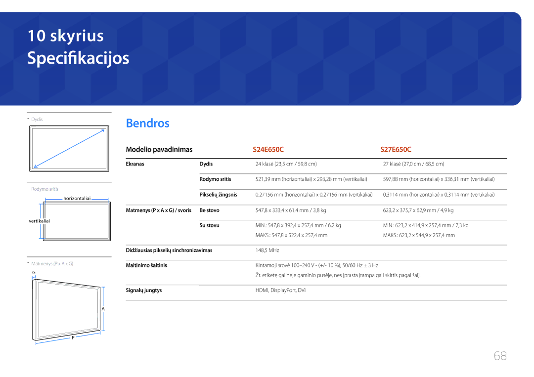 Samsung LS24E65KCS/EN, LS27E65KCS/EN, LS24E65UPL/EN, LS22E65UDS/EN manual Specifikacijos, Bendros 