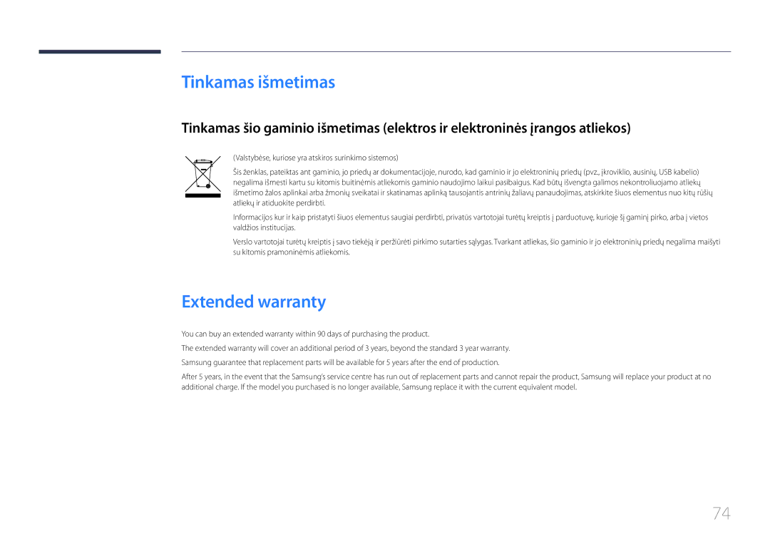 Samsung LS24E65UPL/EN, LS24E65KCS/EN, LS27E65KCS/EN, LS22E65UDS/EN manual Tinkamas išmetimas, Extended warranty 