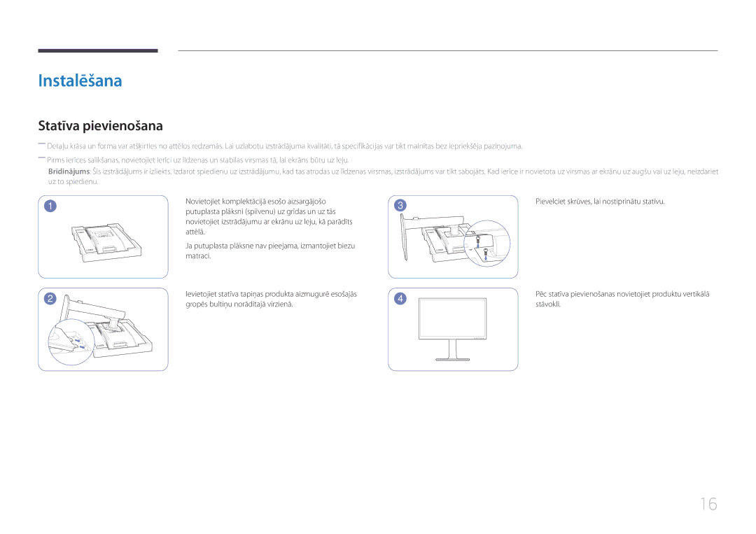 Samsung LS24E65KCS/EN, LS27E65KCS/EN manual Instalēšana, Statīva pievienošana, Novietojiet komplektācijā esošo aizsargājošo 