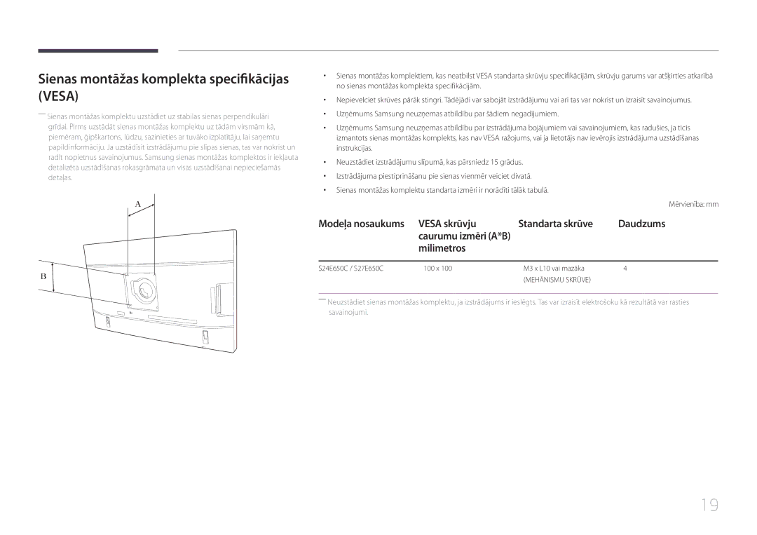 Samsung LS22E65UDS/EN, LS24E65KCS/EN, LS27E65KCS/EN, LS24E65UPL/EN Sienas montāžas komplekta specifikācijas Vesa, Milimetros 