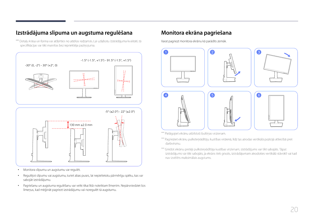 Samsung LS24E65KCS/EN, LS27E65KCS/EN, LS24E65UPL/EN Izstrādājuma slīpuma un augstuma regulēšana, Monitora ekrāna pagriešana 