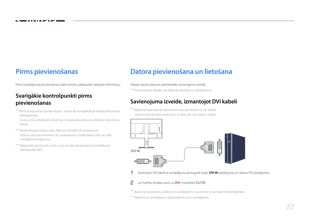 Samsung LS24E65UPL/EN Avota ierīces pievienošana un izmantošana, Pirms pievienošanas, Datora pievienošana un lietošana 