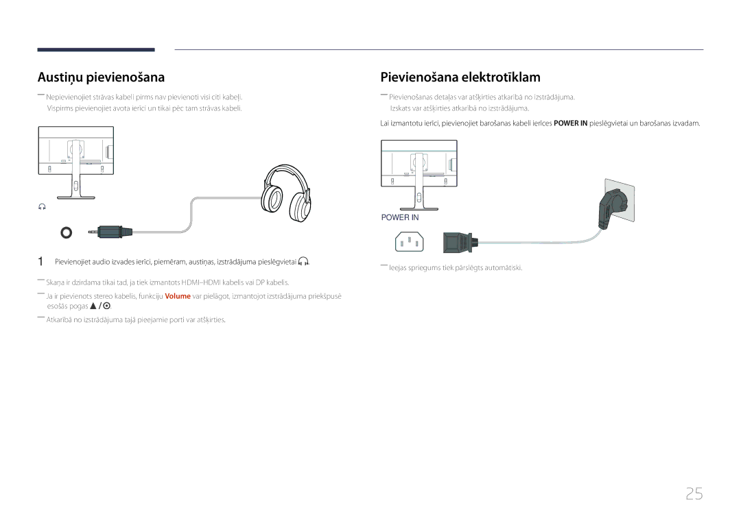 Samsung LS27E65KCS/EN, LS24E65KCS/EN, LS24E65UPL/EN, LS22E65UDS/EN manual Austiņu pievienošana, Pievienošana elektrotīklam 