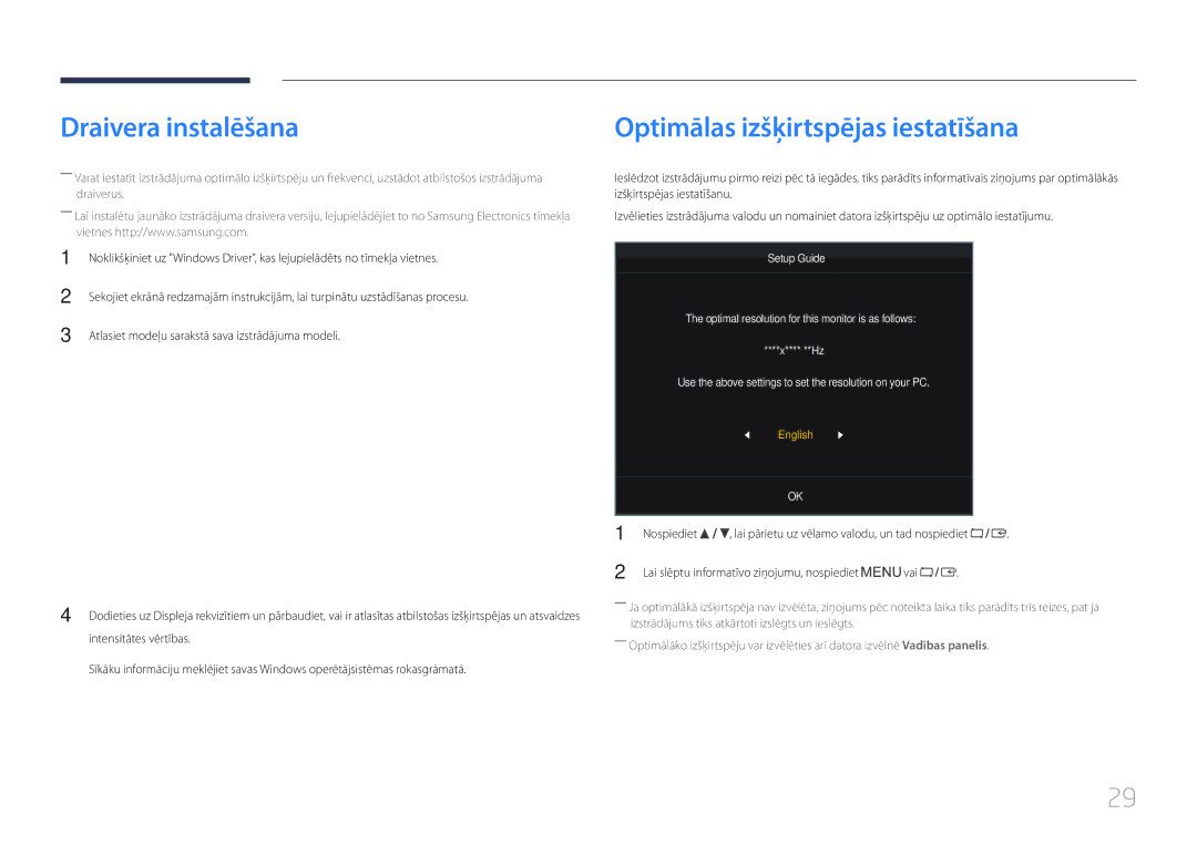 Samsung LS27E65KCS/EN, LS24E65KCS/EN, LS24E65UPL/EN, LS22E65UDS/EN Draivera instalēšana, Optimālas izšķirtspējas iestatīšana 