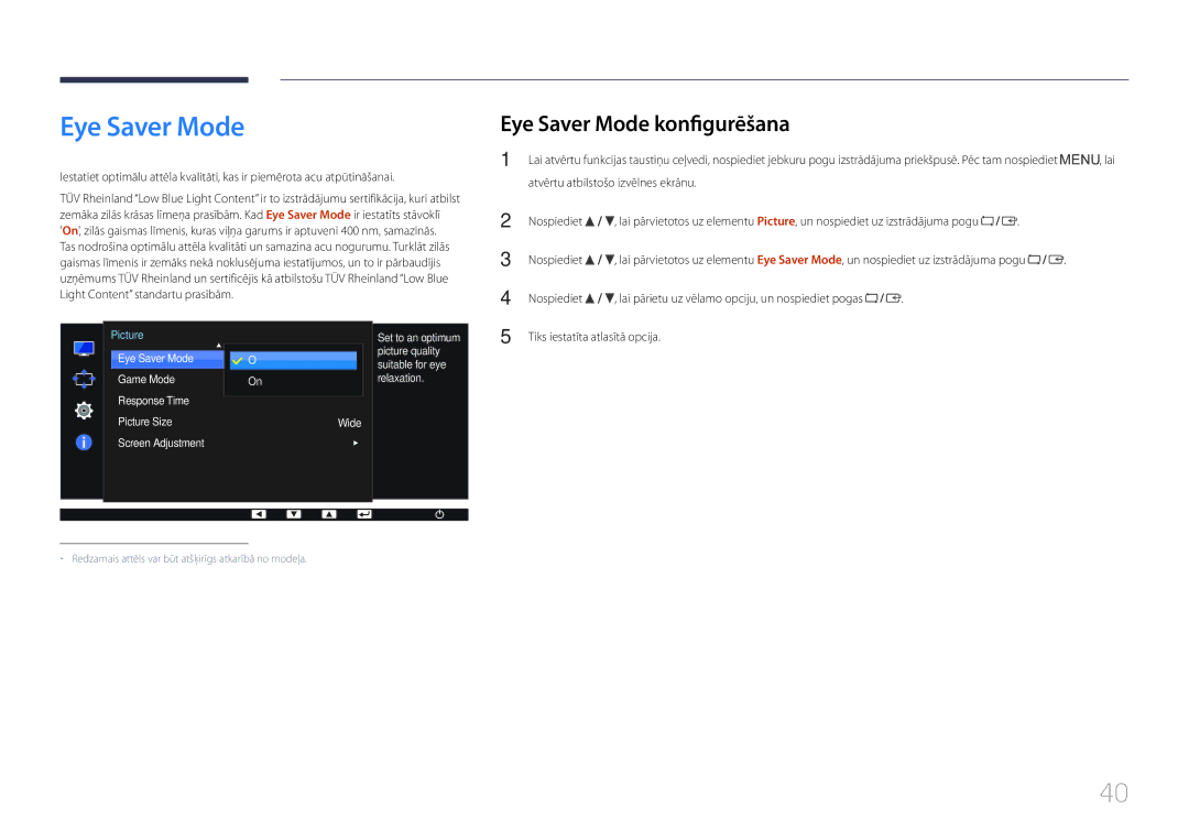 Samsung LS24E65KCS/EN, LS27E65KCS/EN, LS24E65UPL/EN, LS22E65UDS/EN manual Eye Saver Mode konfigurēšana 