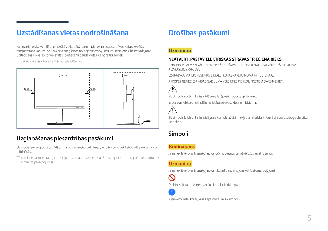 Samsung LS27E65KCS/EN Uzstādīšanas vietas nodrošināšana, Drošības pasākumi, Uzglabāšanas piesardzības pasākumi, Simboli 