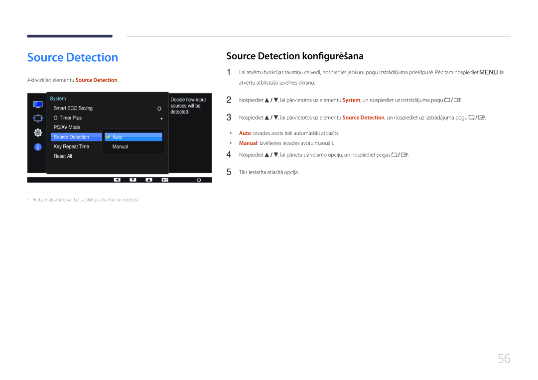 Samsung LS24E65KCS/EN, LS27E65KCS/EN manual Source Detection konfigurēšana, Aktivizējiet elementu Source Detection 