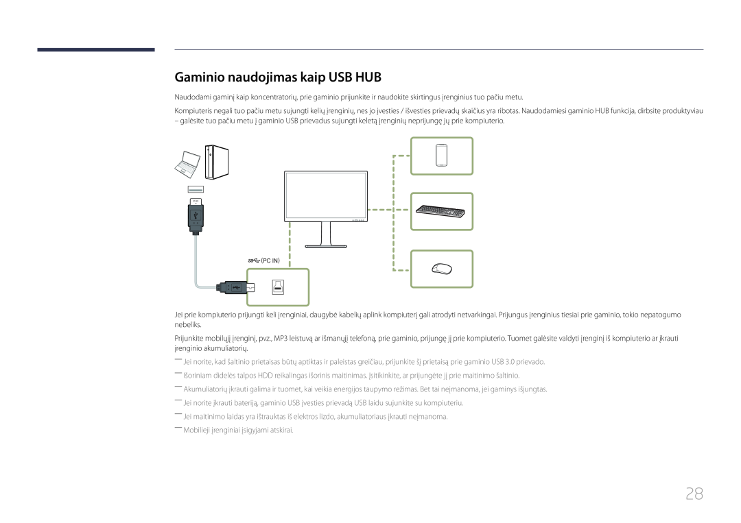 Samsung LS24E65KCS/EN, LS27E65KCS/EN, LS24E65UPL/EN, LS22E65UDS/EN manual Gaminio naudojimas kaip USB HUB 