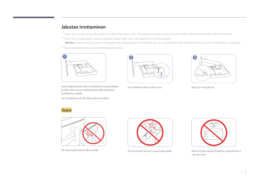 Samsung LS22E65UDSG/EN, LS24E65KCS/EN, LS27E65KCS/EN, LS24E65UPL/EN, LS24E65UPLC/EN manual Jalustan irrottaminen, Vaara 