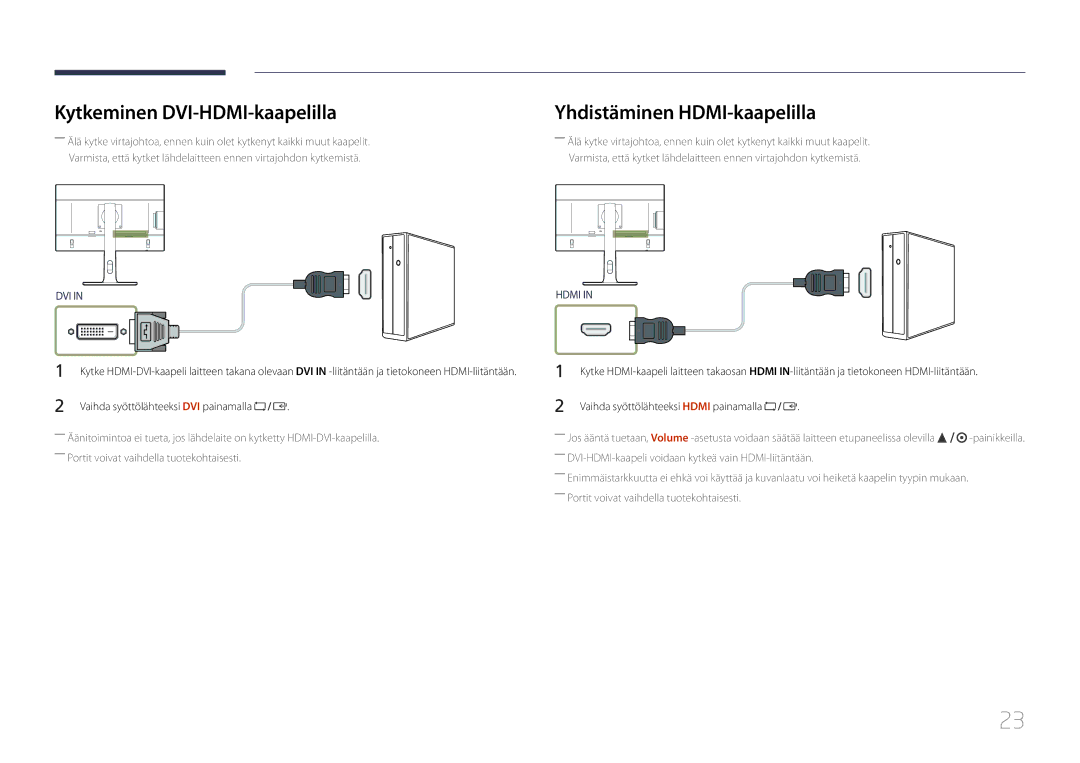 Samsung LS24E65UPL/EN, LS24E65KCS/EN, LS27E65KCS/EN manual Kytkeminen DVI-HDMI-kaapelilla, Yhdistäminen HDMI-kaapelilla 