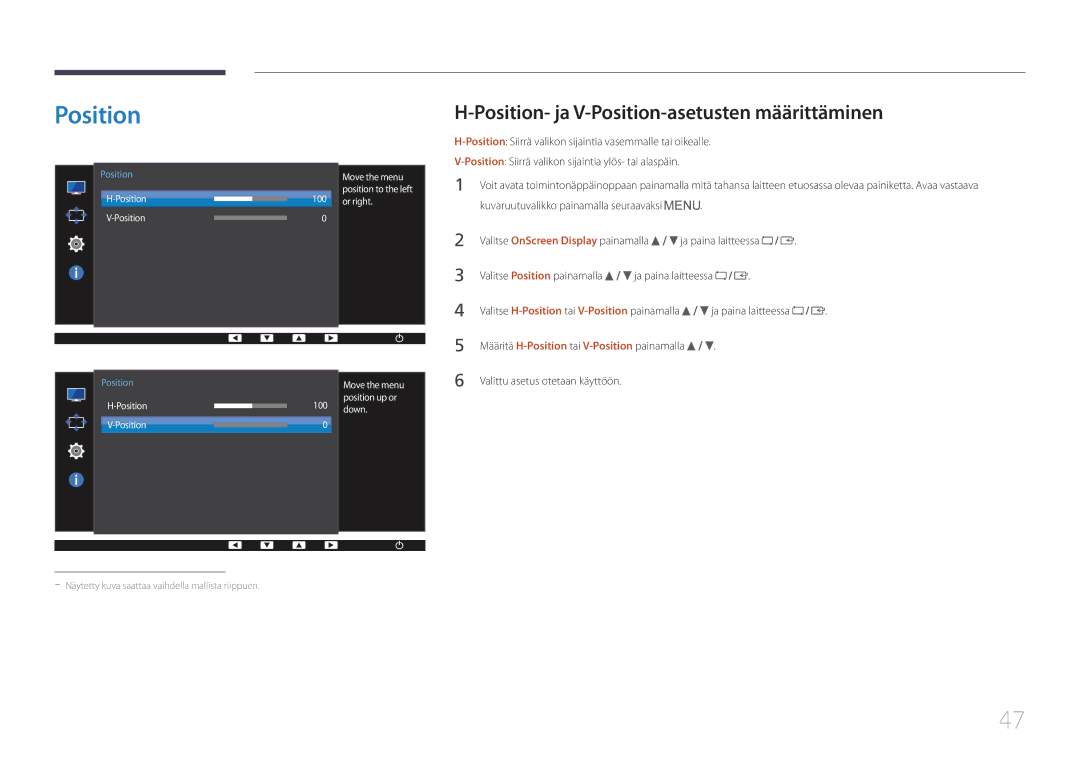 Samsung LS22E65UDS/EN, LS24E65KCS/EN, LS27E65KCS/EN Valitse OnScreen Display painamalla, Valitse Position painamalla 