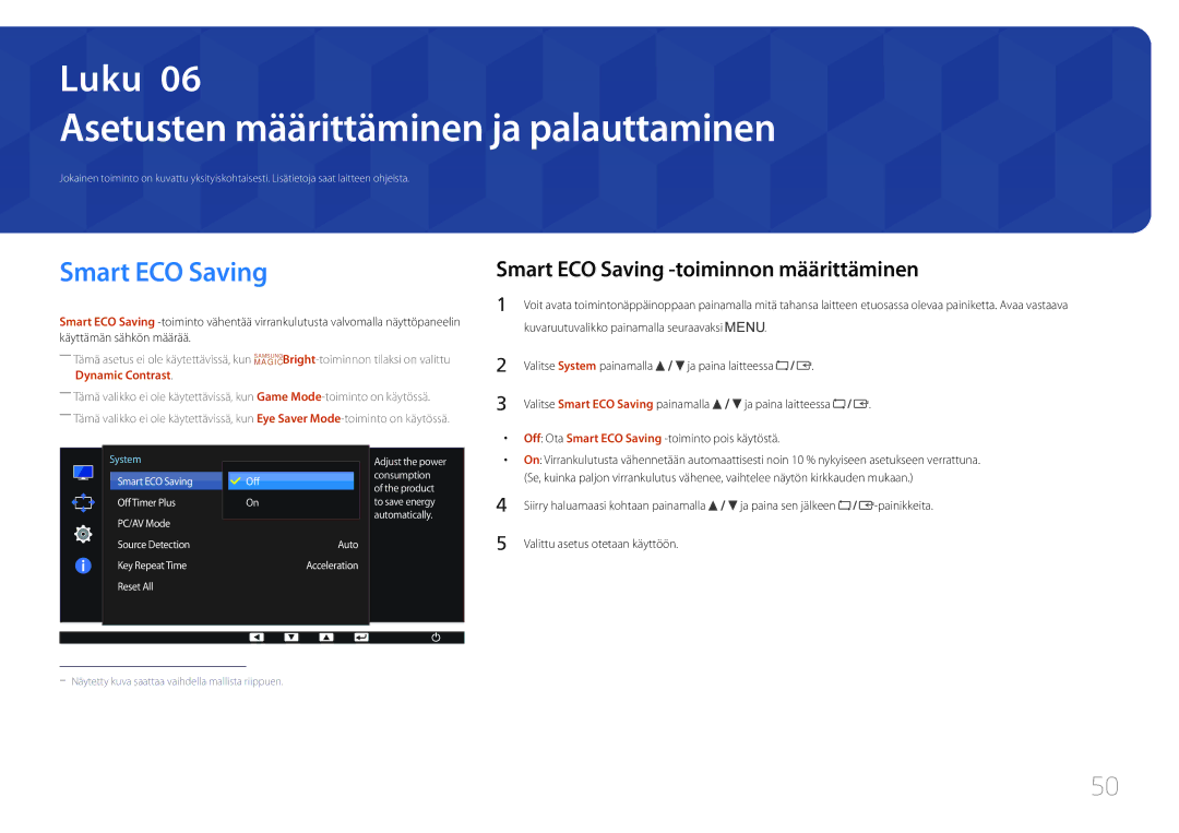 Samsung LS27E65KCS/EN, LS24E65KCS/EN, LS24E65UPL/EN manual Asetusten määrittäminen ja palauttaminen, Smart ECO Saving 