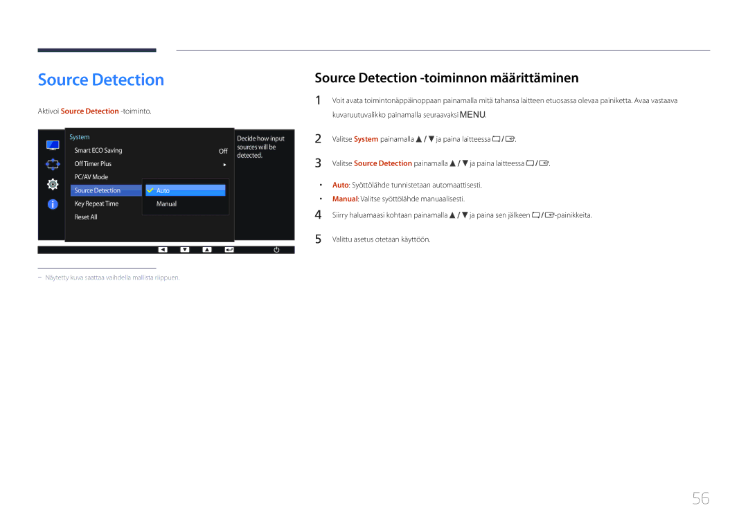 Samsung LS24E65KCS/EN, LS27E65KCS/EN Source Detection -toiminnon määrittäminen, Aktivoi Source Detection -toiminto 