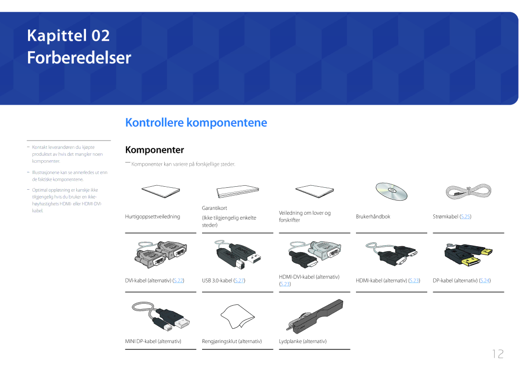 Samsung LS22E65UDS/EN, LS24E65KCS/EN, LS27E65KCS/EN, LS24E65UPL/EN manual Forberedelser, Kontrollere komponentene, Komponenter 