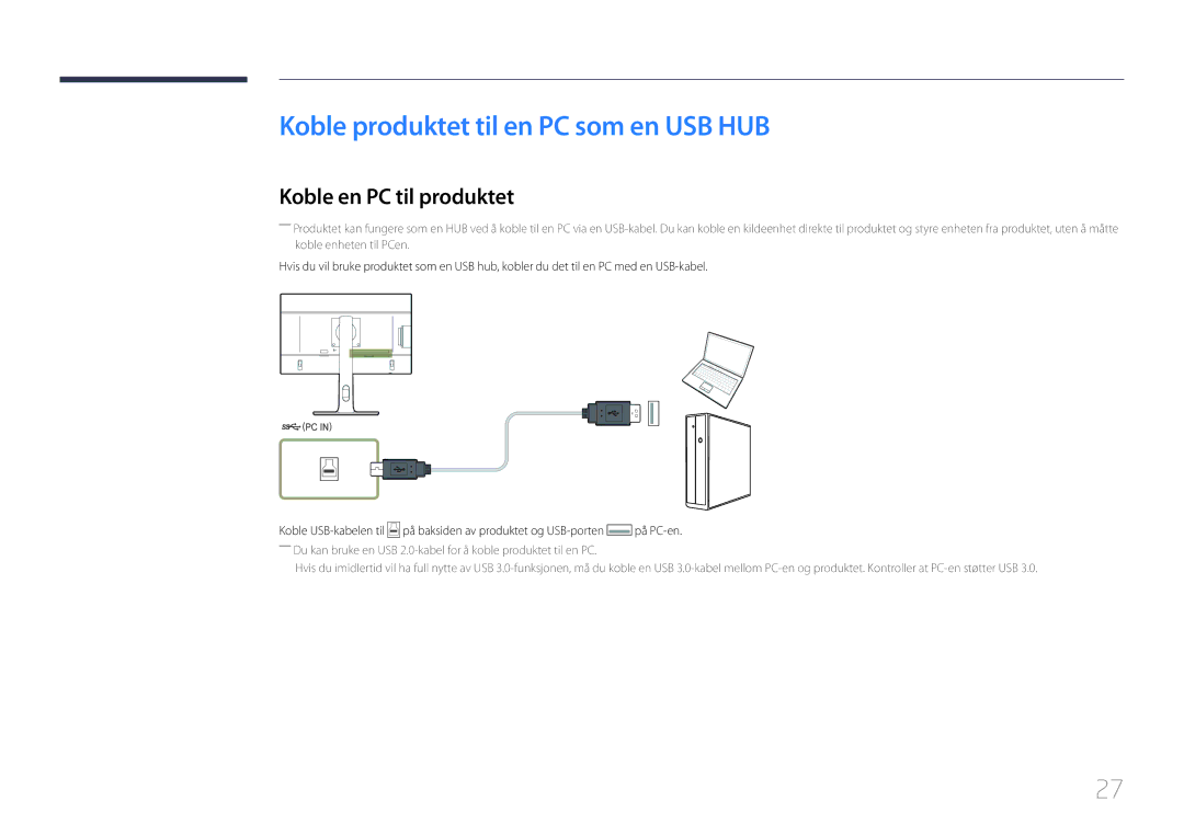 Samsung LS24E65UPLC/XE, LS24E65KCS/EN, LS27E65KCS/EN Koble produktet til en PC som en USB HUB, Koble en PC til produktet 