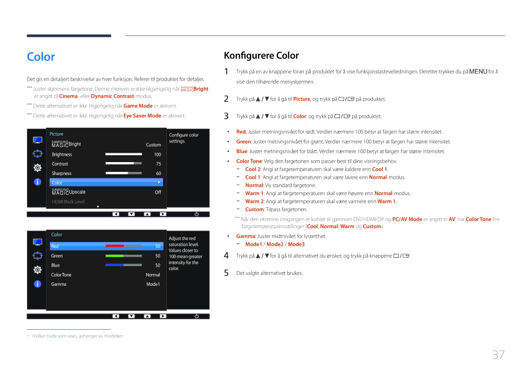 Samsung LS24E65UPL/EN, LS24E65KCS/EN, LS27E65KCS/EN, LS22E65UDSG/EN manual Konfigurere Color, Mode1 / Mode2 / Mode3 