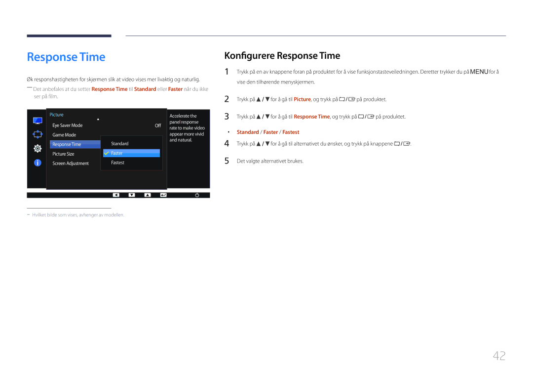 Samsung LS24E65KCS/EN, LS27E65KCS/EN manual Konfigurere Response Time, Trykk på For å gå til Response Time, og trykk på 