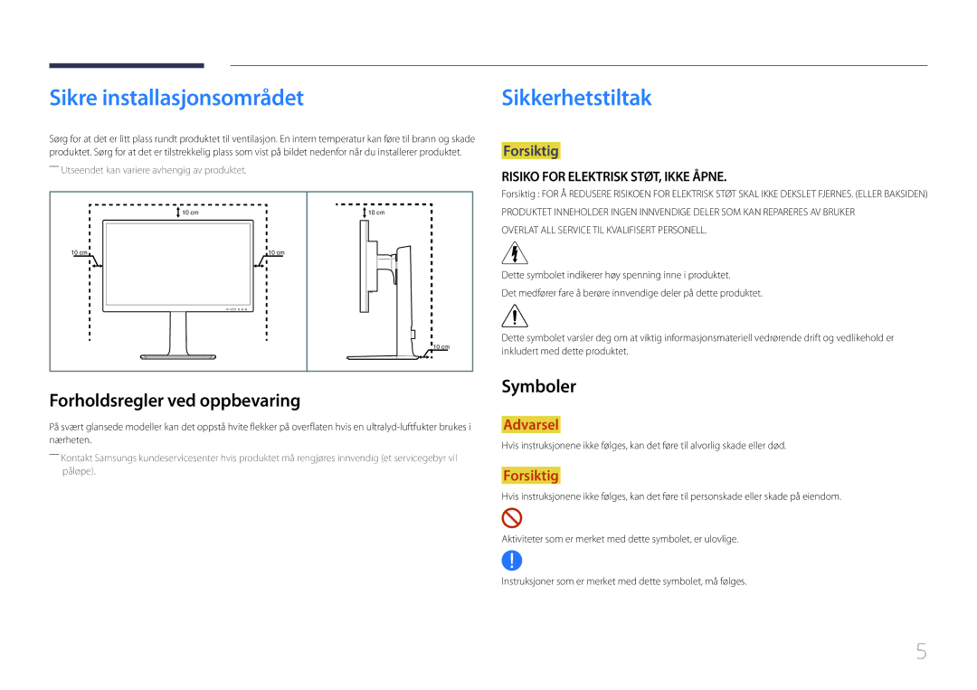 Samsung LS22E65UDS/EN, LS24E65KCS/EN manual Sikre installasjonsområdet, Forholdsregler ved oppbevaring, Symboler, Forsiktig 