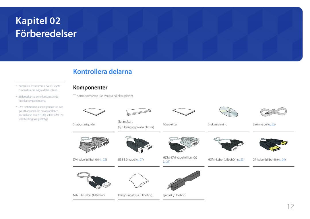 Samsung LS22E65UDS/EN, LS24E65KCS/EN, LS27E65KCS/EN, LS24E65UPL/EN manual Förberedelser, Kontrollera delarna, Komponenter 