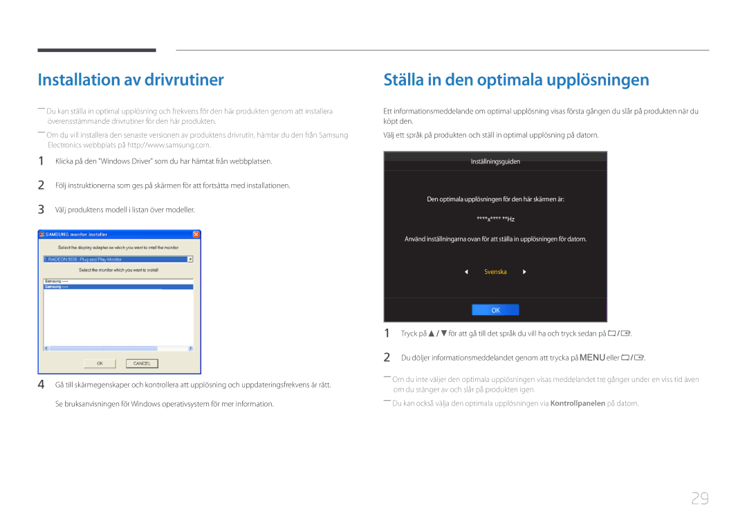 Samsung LS27E65KCS/EN, LS24E65KCS/EN manual Installation av drivrutiner, Ställa in den optimala upplösningen, Tryck på 