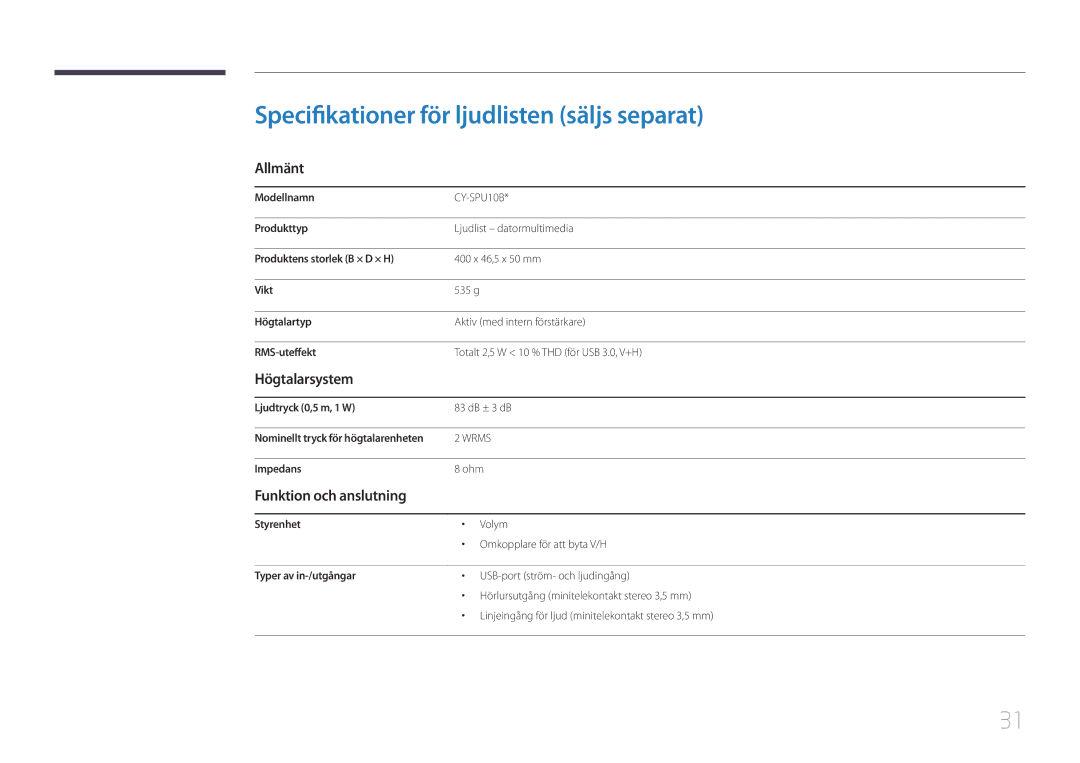 Samsung LS22E65UDSG/EN Specifikationer för ljudlisten säljs separat, Allmänt, Högtalarsystem, Funktion och anslutning 