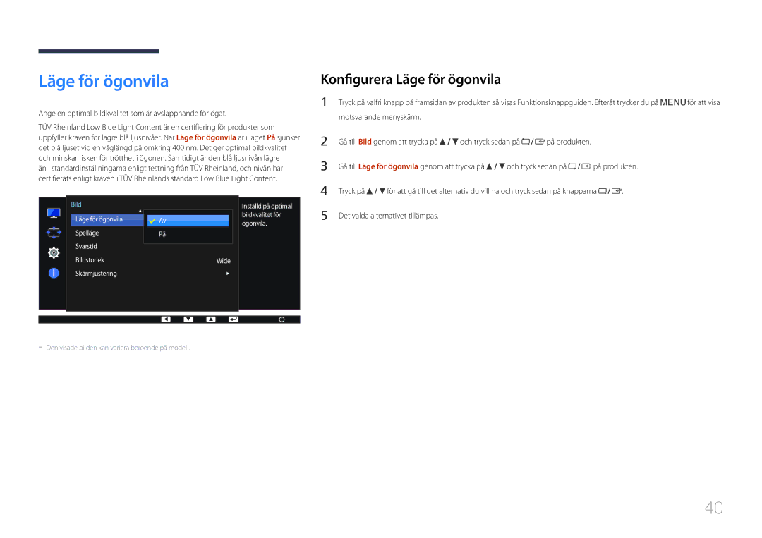 Samsung LS22E65UDS/EN manual Konfigurera Läge för ögonvila, Ange en optimal bildkvalitet som är avslappnande för ögat 