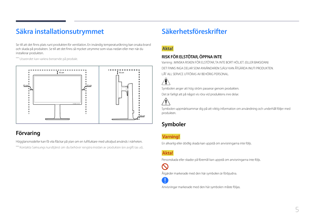 Samsung LS22E65UDS/EN, LS24E65KCS/EN manual Säkra installationsutrymmet, Säkerhetsföreskrifter, Förvaring, Symboler, Akta 