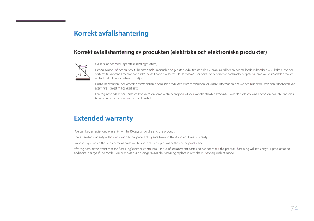 Samsung LS24E65UPLC/EN, LS24E65KCS/EN, LS27E65KCS/EN, LS24E65UPL/EN manual Korrekt avfallshantering, Extended warranty 