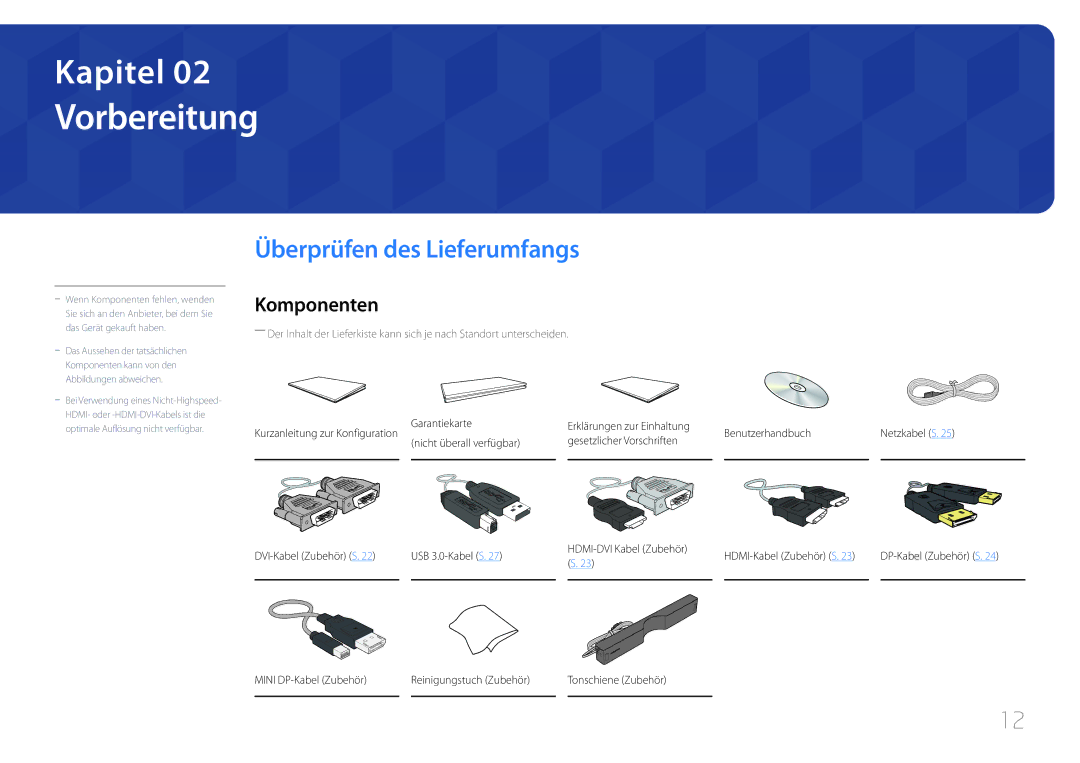 Samsung LS24E65UPL/EN, LS24E65KCS/EN, LS27E65KCS/EN, LS24E65UPLC/EN Vorbereitung, Überprüfen des Lieferumfangs, Komponenten 