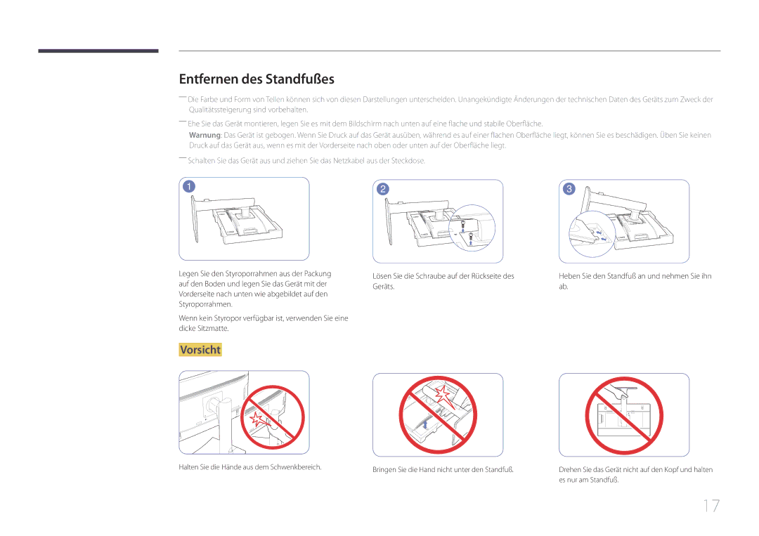 Samsung LS24E65UPL/EN, LS24E65KCS/EN, LS27E65KCS/EN, LS24E65UPLC/EN, LS22E65UDS/EN manual Entfernen des Standfußes, Vorsicht 