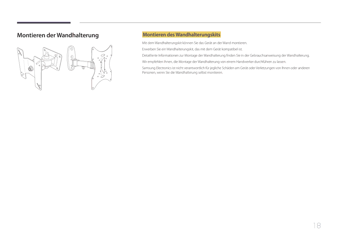 Samsung LS24E65UPLC/EN, LS24E65KCS/EN, LS27E65KCS/EN manual Montieren der Wandhalterung, Montieren des Wandhalterungskits 