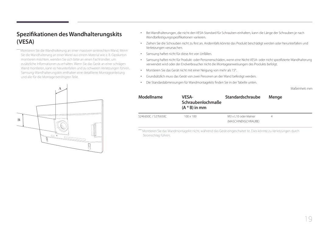 Samsung LS22E65UDS/EN, LS24E65KCS/EN, LS27E65KCS/EN manual Spezifikationen des Wandhalterungskits Vesa, Modellname, Menge 