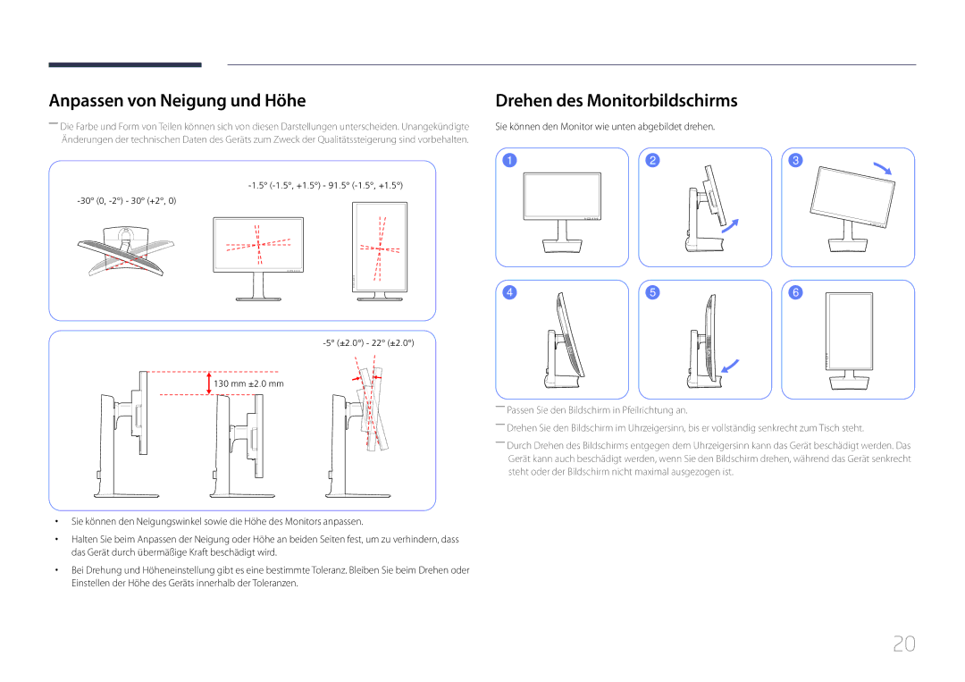 Samsung LS24E65KCS/EN, LS27E65KCS/EN, LS24E65UPL/EN manual Anpassen von Neigung und Höhe, Drehen des Monitorbildschirms 