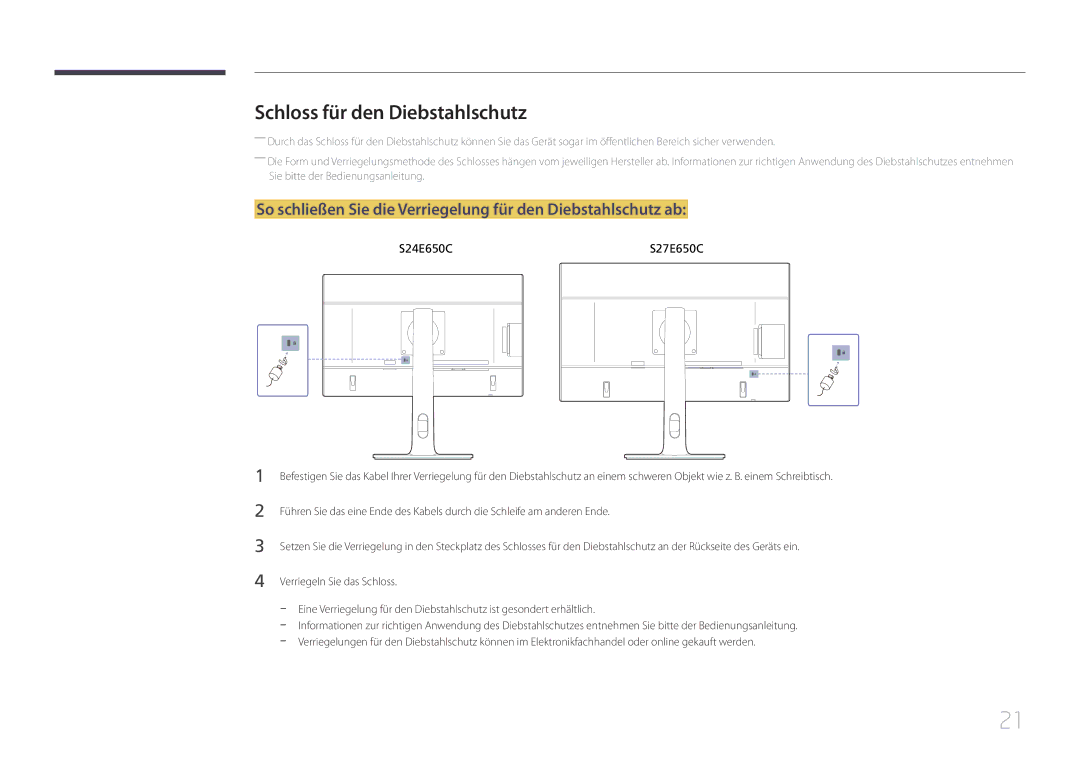 Samsung LS27E65KCS/EN manual Schloss für den Diebstahlschutz, So schließen Sie die Verriegelung für den Diebstahlschutz ab 