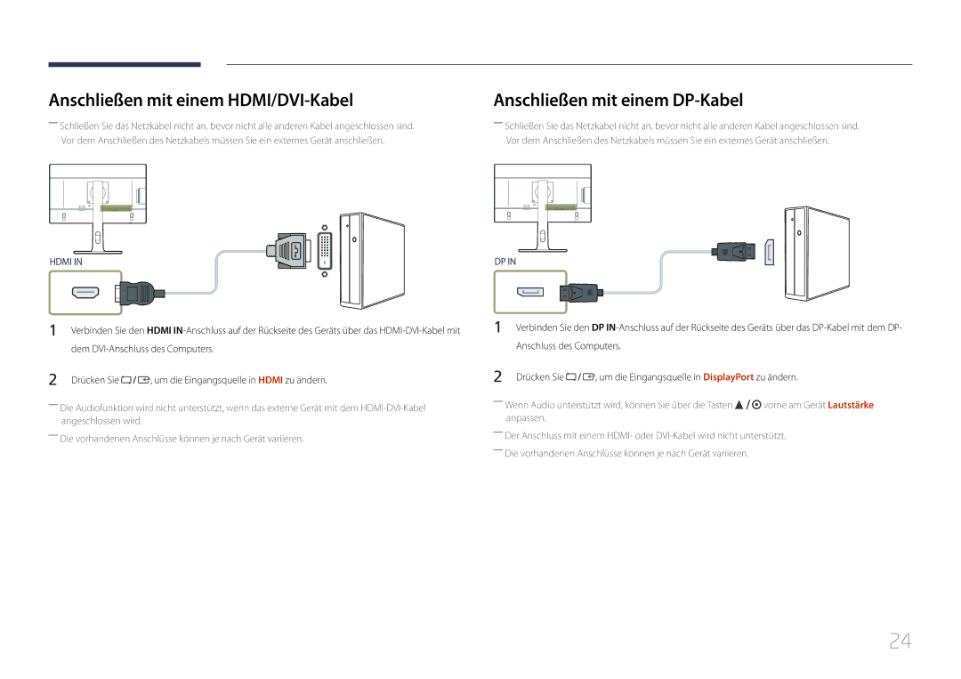 Samsung LS22E65UDS/EN manual Anschließen mit einem HDMI/DVI-Kabel, Anschließen mit einem DP-Kabel, Anschluss des Computers 