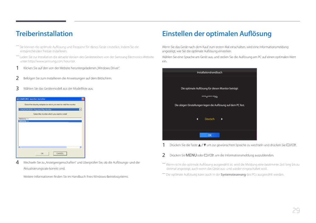 Samsung LS22E65UDS/EN, LS24E65KCS/EN manual Treiberinstallation, Einstellen der optimalen Auflösung, Drücken Sie die Taste 