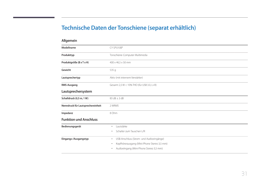 Samsung LS27E65KCS/EN, LS24E65KCS/EN Technische Daten der Tonschiene separat erhältlich, Allgemein, Lautsprechersystem 